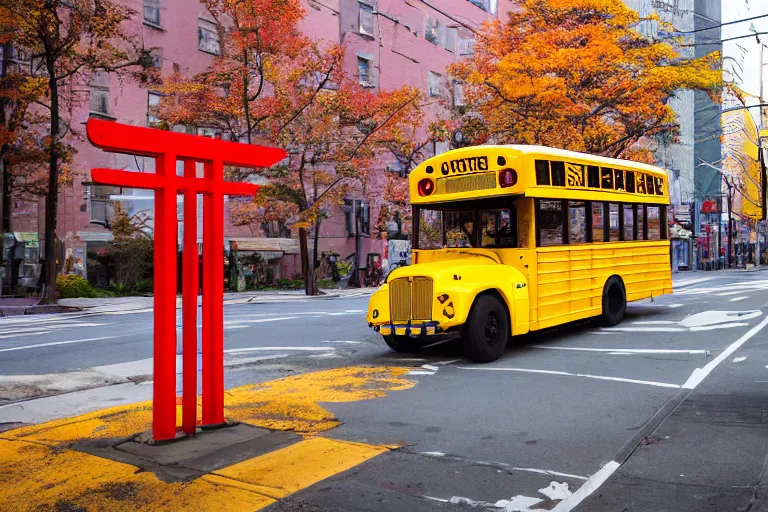 Image similar to Yellow school bus, a red japanese Torii gate, New York location in USA, atomic bomb dropping from the sky, ray tracing, high detail, 4K