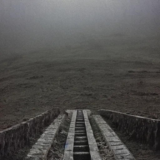 Prompt: a staircase on a desolate plain. the stairs lead nowhere Cinematic focus, fujicolor photo, vintage, neutral colors, soft lights, foggy, panorama by by Serov Valentin, by lisa yuskavage, by Andrei Tarkovsky