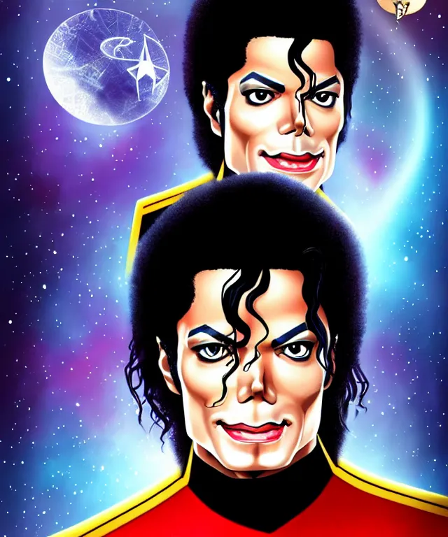 Image similar to fantasy comic style portrait of ( michael jackson ) as a starfleet officer, digital illustration by ken taylor and sana takeda, hd, 4 k, intricate, highly detailed!!, character design, cover art, award winning