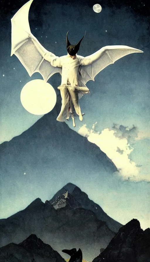 Prompt: a white bat, flying against a dark black night sky, mountain in the background, moonlight, denoised, very detailed, painted by, norman rockwell, tom bagshaw