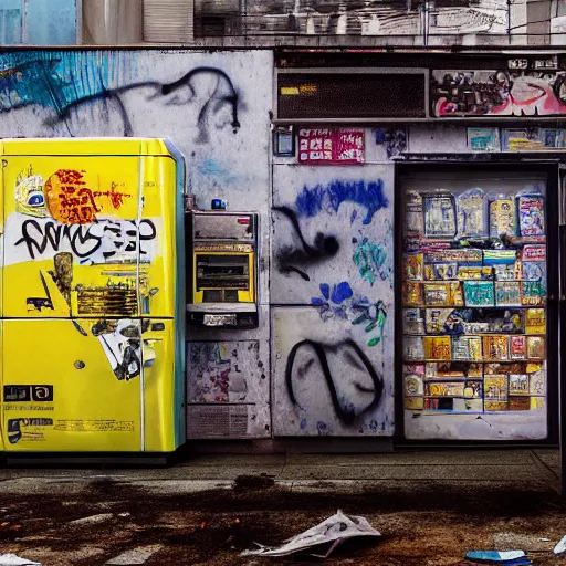 Image similar to incredible wide screenshot, ultrawide, simple watercolor, rough paper texture, ghost in the shell movie scene, backlit distant shot of girl in a parka running from a giant robot invasion side view, yellow parasol in deserted dusty shinjuku junk town, broken vending machines, bold graphic graffiti, old pawn shop, bright sun bleached ground, mud, fog, dust, windy, scary robot monster lurks in the background, ghost mask, teeth, animatronic, black smoke, pale beige sky, junk tv, texture, brown mud, dust, tangled overhead wires, telephone pole, dusty, dry, pencil marks, genius party,shinjuku, koji morimoto, katsuya terada, masamune shirow, tatsuyuki tanaka hd, 4k, remaster, dynamic camera angle, deep 3 point perspective, fish eye, dynamic scene