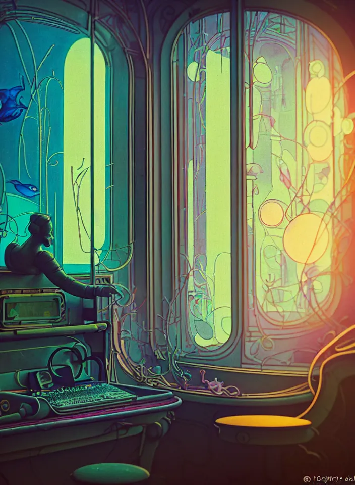 Image similar to telephoto 7 0 mm f / 2. 8 iso 2 0 0 photograph depicting the feeling of chrysalism in a cosy safe cluttered french sci - fi ( art nouveau ) cyberpunk apartment in a pastel dreamstate art cinema style. ( typing ) ( ( fish tank ) ), ambient light.