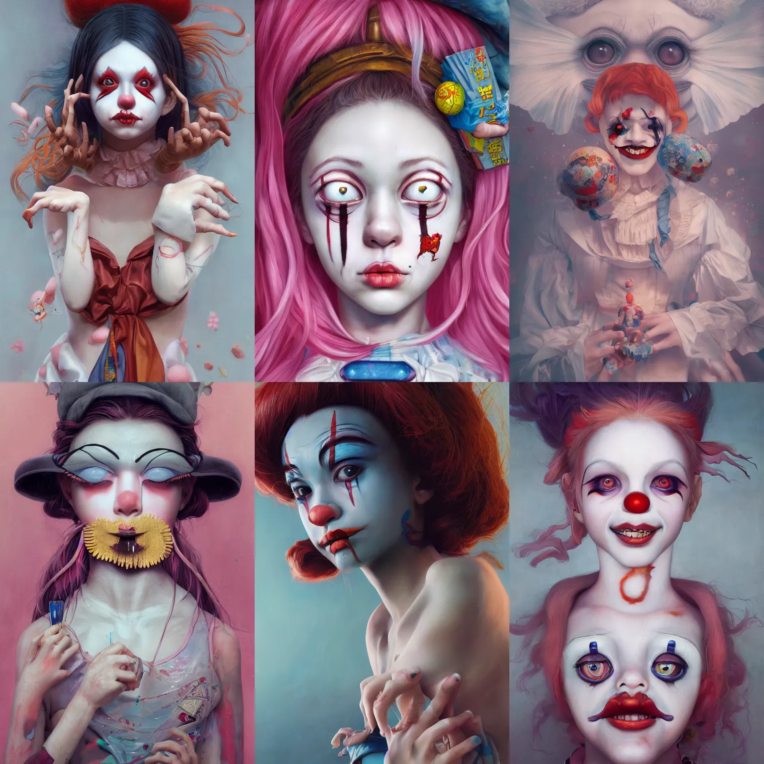 Image similar to breathtaking detailed painting of clown girl , with anxious, piercing eyes, Atari game cover art by Hsiao-Ron Cheng, James jean, Miho Hirano, Hayao Miyazaki, extremely moody lighting, hyperrealistic, octane render, RPG portrait, ambient light, dynamic lighting