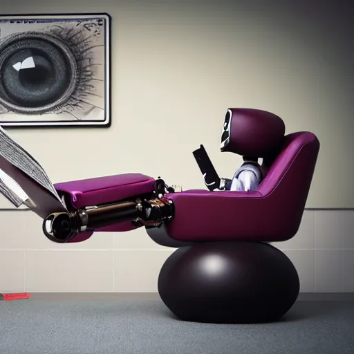 Image similar to futuristic studious matte brown and red and chrome full-body humanoid robot with two huge round expressive sad purple glowing LED eyes and open rectangular mouth sitting on a large comfortable cushioned 1950s vintage recliner reading a newspaper. open newspaper. full shot Cinematic Movie Photograph, Arri Alexa, Extremely Detailed, smooth, very very clean, 8K, octane render, maya render, unreal engine, trending on artstation, DSLR, excellent composition, center frame