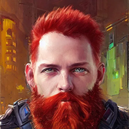 Image similar to a cyberpunk citizen with red hair and a beard, sci fi character portrait by Michael Garmash, Donato Giancola