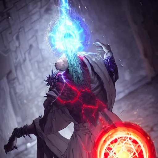 Prompt: A necromancer pulsing with necrotic energy, Art by Koyoharu Gotouge, power auras, sigils, tattered cloth robes, substance 3d painter, PBR textures, Physical based rendering, cinematic, hyper realism, high detail, octane render, unreal engine, 8k, Smooth gradients, High contrast, depth of field, aperture f2.8