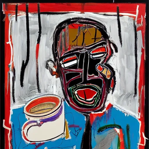 Prompt: Calm Morning. Sunlight is pouring through the window lighting the face of an old man drinking from a red cup of coffee. Detailed and intricate brush lines , oil paint and spray paint, markers, paper collage, crayon and colour transfer on canvas. Painting by Basquiat, 1987