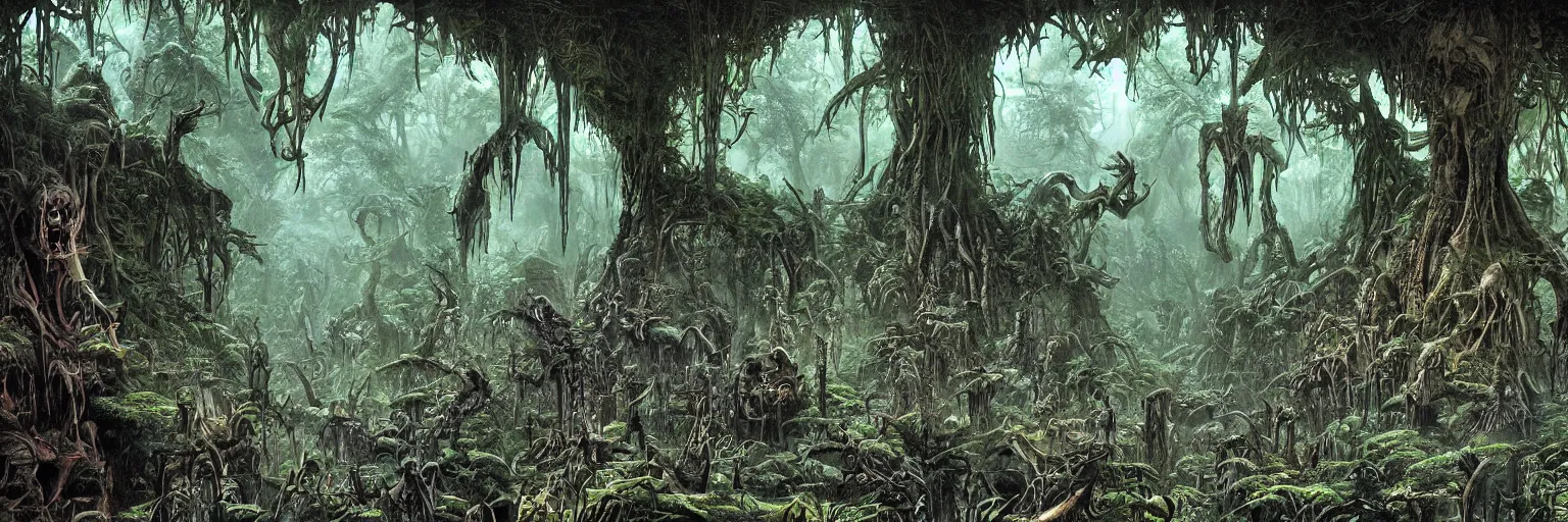 Image similar to underground cave on an exotic alien planet with a jungle canopy of antler trees in the background, leafy overgrowth, insectile weeds, demon faces, skulls, by ian miller, rodney matthews and al feldstein, photorealistic render