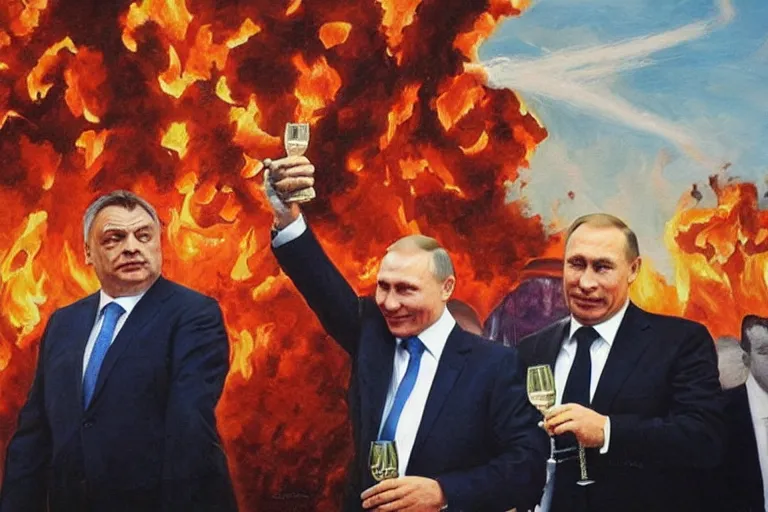 Prompt: viktor orban winking and drinking champagne with putin in front a burning city, hyper realistic painting