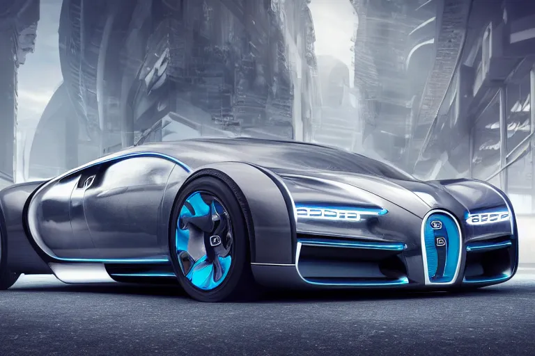 Prompt: Futuristic and streamlined luxury car, Bugatti Chiron merged with Rolls Royce Phantom, driving across dystopian cyberpunk landscape, futuristic car concept, concept car design, telephoto lens, low shot camera angle, Octane render, VRay, 3D rendering, automobile design