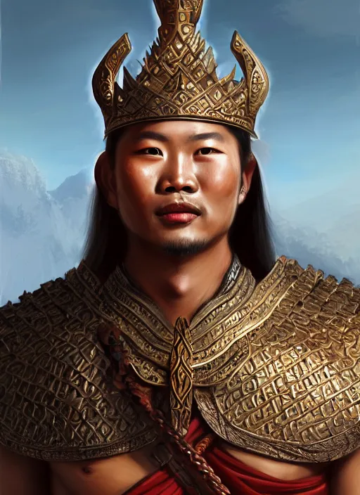 Image similar to king ramkhaheang, close portrait, historical, ethnic group, traditional tai costume, bronze headset, leather shoulder armor, fantasy, intricate, with leather armor cross onbare chest, elegant, loin cloth, highly detailed, oill painting, artstation, concept art, matte, sharp focus, illustration, hearthstone, art by earl norem