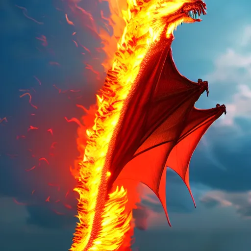 Prompt: hyperrealistic fire breathing dragon igniting the sky with its flames, 8 k.