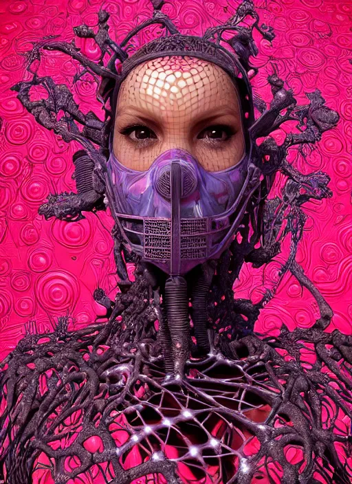 Image similar to hyper detailed 3d render like a sculpture - profile subsurface scattering (a beautiful fae princess gas mask protective playful expressive from that looks like a borg queen scene kid wearing a sundress made of flowers) seen red carpet photoshoot in UVIVF posing in caustic light pattern pool of water to Eat bite of the Strangling network of yellowcake aerochrome and milky Fruit and His delicate Hands hold of gossamer polyp blossoms bring iridescent fungal flowers whose spores black the foolish stars by Jacek Yerka, Ilya Kuvshinov, Mariusz Lewandowski, Houdini algorithmic generative render, golen ratio, Abstract brush strokes, Masterpiece, Victor Nizovtsev and James Gilleard, Zdzislaw Beksinski, Tom Whalen, Mark Ryden, Wolfgang Lettl, hints of Yayoi Kasuma and Dr. Seuss, Grant Wood, octane render, 8k, maxwell render, siggraph