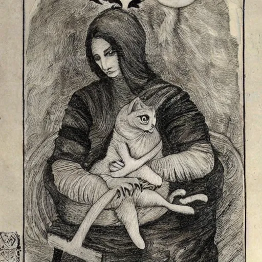 Image similar to it features a woman sitting with a cat on her lap. the woman is a bit spooky looking... her eyes glow with an unearthly light. indeed, she is nearly demonic.