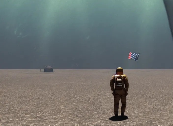 Image similar to astronaut holding a flag in an underwater desert. a submarine is visible in the distance. dark, concept art, cinematic, dramatic, atmospheric, 8 k, trending on artstation, blue, fish, low visibility, light rays, extremely coherent, bubbles, fog, ocean floor, christopher nolan, interstellar