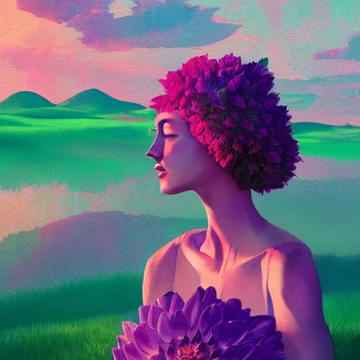 Image similar to portrait, giant purple dahlia flower head, woman in oasis, surreal photography, sunrise, blue sky, dramatic light, impressionist painting, digital painting, artstation, simon stalenhag