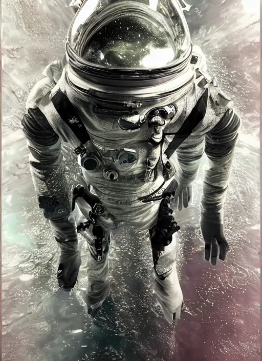 Image similar to astronaut in dark void underwater - complex and hyperdetailed technical suit design. reflection and dispersion materials. rays and dispersion of light. volumetric light. f / 3 2. noise film photo. flash photography. ultra realistic, 5 0 mm. poster by wayne barlowe, hajime sorayama aaron horkey, craig mullins