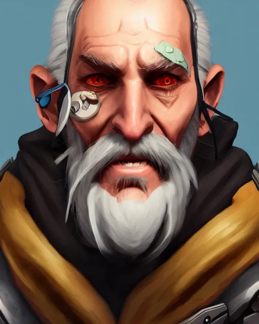 Image similar to overwatch concept art character portrait of a new character who is an elderly man with a scarred face and long mustache and eyepatch, trending on artstation, cgsociety,