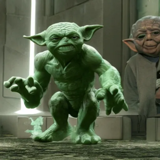 Image similar to a mix between Hulk and Yoda and Dobby and Gollum fighting robots, center frame medium shot, shot on technicolor cinemascope 35mm anamorphic lense, flare