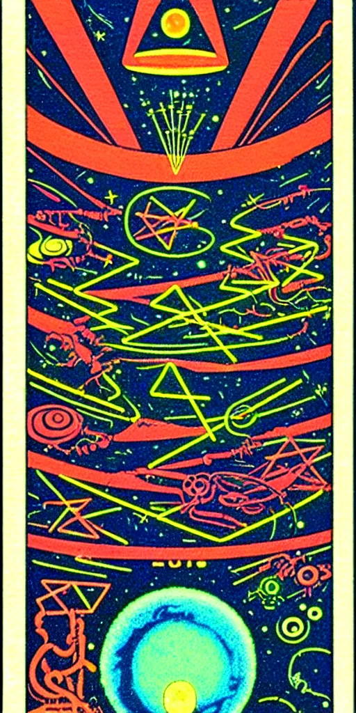 Image similar to 1968 science fiction tarot card, cut out collage, neon Aztec, spring on Saturn, epic theater, deep sea, mountain plants, drawings in part by moebius, part by Ernst Haekl, text by William S Boroughs,