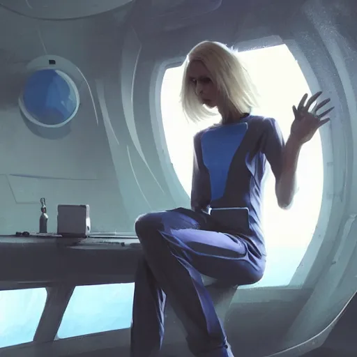 Image similar to concept art by greg rutkowski, a very tall, and slender blonde woman, wearing blue utilitarian jumpsuit, sitting in the spaceship command bridge, brutalist futuristic interior, dark lighting atmosphere, detailed portraits, nostalgic atmosphere, scifi, digital painting, artstation, concept art, smooth, sharp foccus ilustration, artstation hq