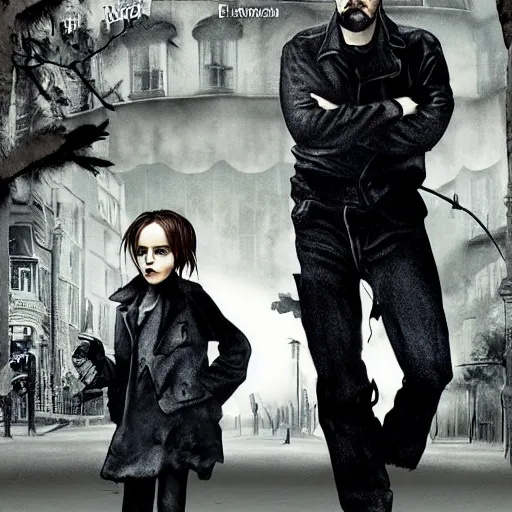 Image similar to Emma Watson and Jean Reno in Leon The Professional, movie poster, digital art