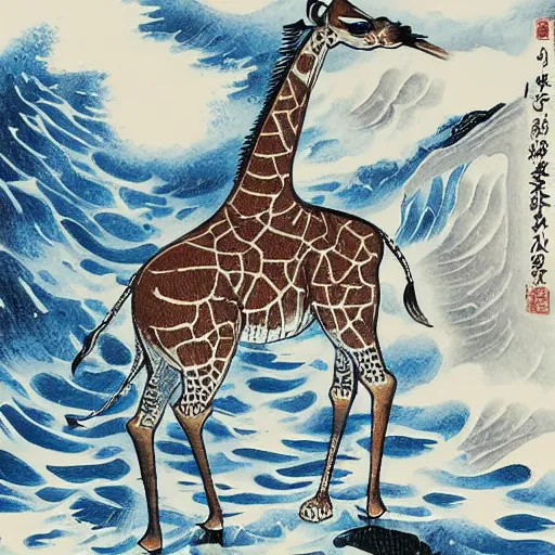 Prompt: giraffe in a bot on a stormy sea at the base of cliffs, japanese style ink art,