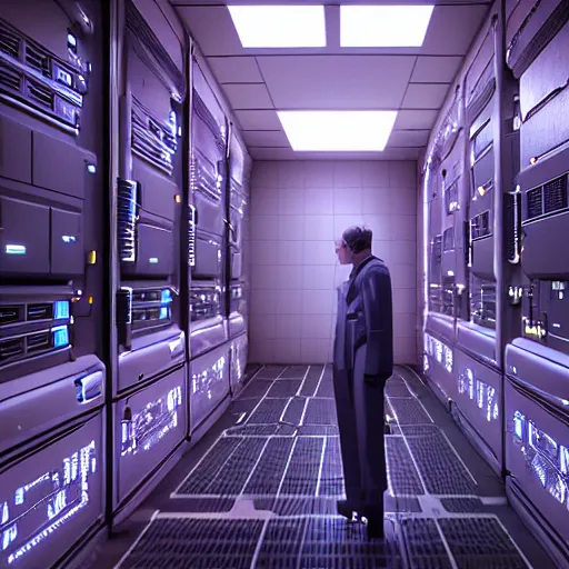 Prompt: hyperrealism detailed photography scene from stanley kubrick movie of highly detailed stylish system administrator from 2 0 7 7's as cyberpunk droid in josan gonzalez, gragory crewdson and katsuhiro otomo, mike winkelmann style with many details working at the detailed data center by laurie greasley hyperrealism photo on dsmc 3 system volumetric epic light rendered in blender