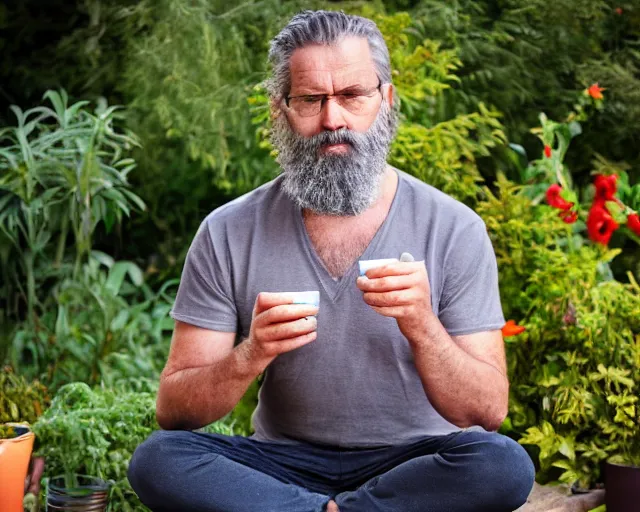 Prompt: mr robert is drinking fresh tea, smoke weed and meditate in a garden from spiral mug, detailed calm face, grey short beard, golden hour, red elegant shirt