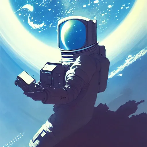Image similar to man in space looking for wifi by Akihito Yoshitomi AND Yoji Shinkawa AND Greg Rutkowski, Mark Arian trending on artstation