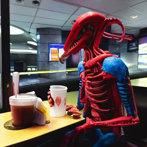 Prompt: xenomorph in a mcdonalds ordering a drink