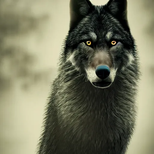Prompt: black wolf, high detail, photorealistic, movie still, in the style of ben jeffery
