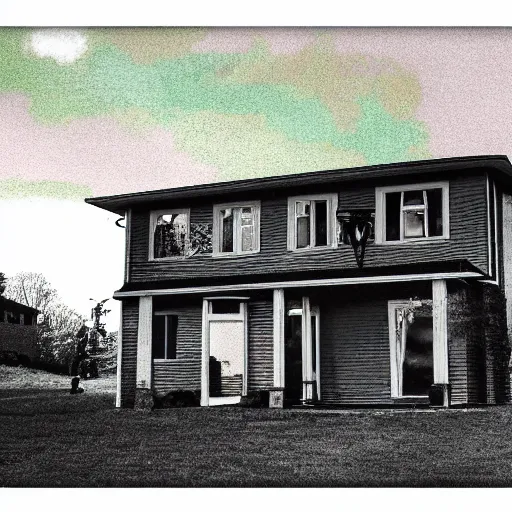 Image similar to a picture of a house taken with a vhs effect overlaying it