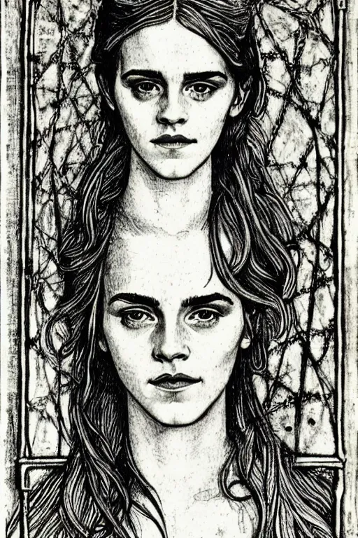 Prompt: realistic medieval etching of emma watson, high detail, elaborate composition, quality draughtmanship, detailed faces. by austin osman spare, occult art, alchemical diagram