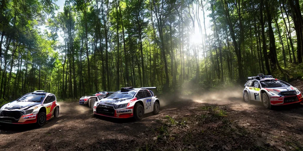 Prompt: 3 rally cars racing through a forest with a river behind them, sun shining through the trees, motion blur high detail ultra realistic 8k