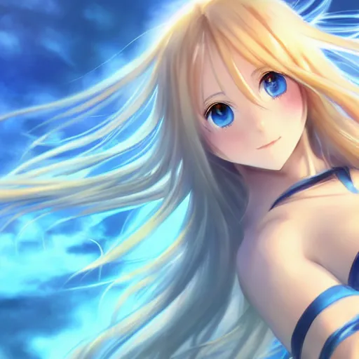 Image similar to a very beautiful young yuuki asuna, full body, long wavy blond hair, sky blue eyes, full round face,, bikini, miniskirt, front view, mid - shot, highly detailed, cinematic wallpaper by stanley artgerm lau