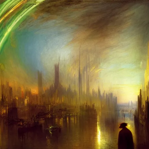 Image similar to futuristic cyberpunk neon cityscape with hooded figure in foreground painted by William Turner 1860