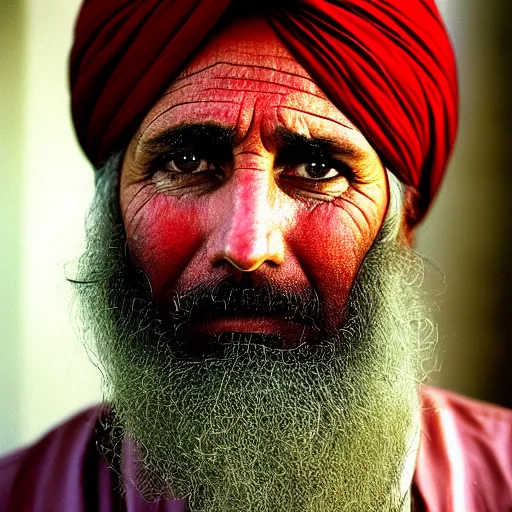 Image similar to portrait of president donald trump as afghan man, green eyes and red turban looking intently, photograph by steve mccurry