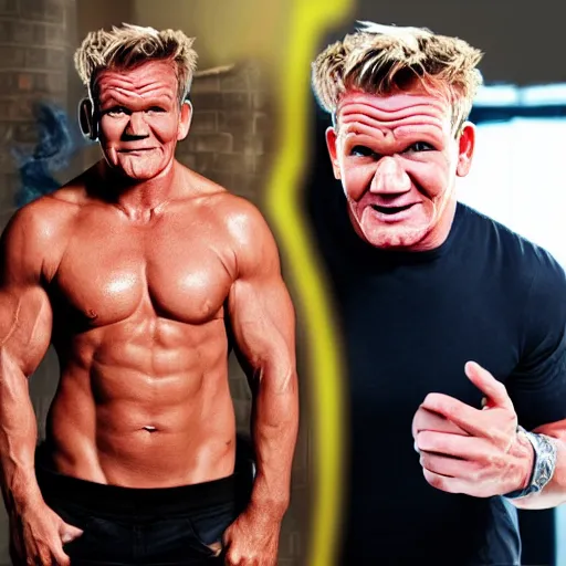 Prompt: Gordon Ramsay transforms into the Hulk, 4k, stock photo, realistic, full body