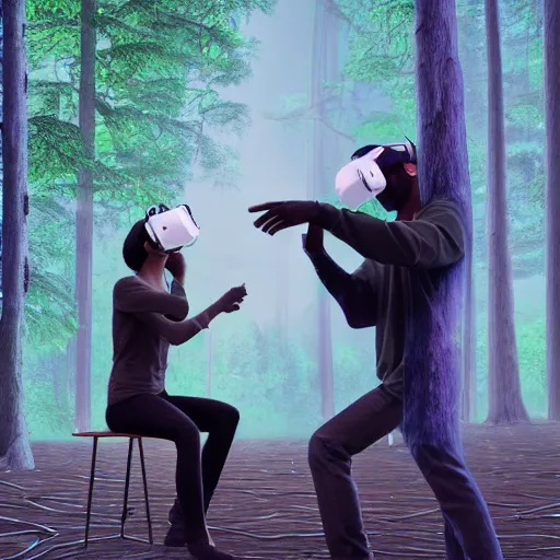 Prompt: duo playing music using futuristic VR headset instruments in a forest, in the style of artgerm, Ryoji Ikeda, Riyoko Ikeda, 3d render, artstation trending, 8k, photorealistic, sharp detail