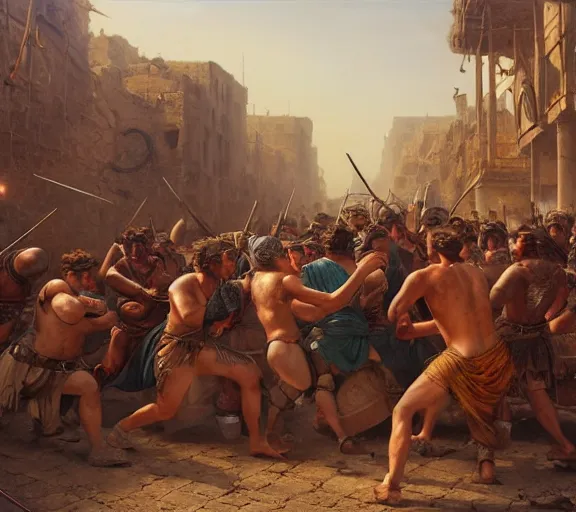 Image similar to an epic matte painting of podcasters fighting in the streets of an ancient city during the bronze age collapse, soft lighting, very coherent, oil on canvas in the style of John grimshaw,