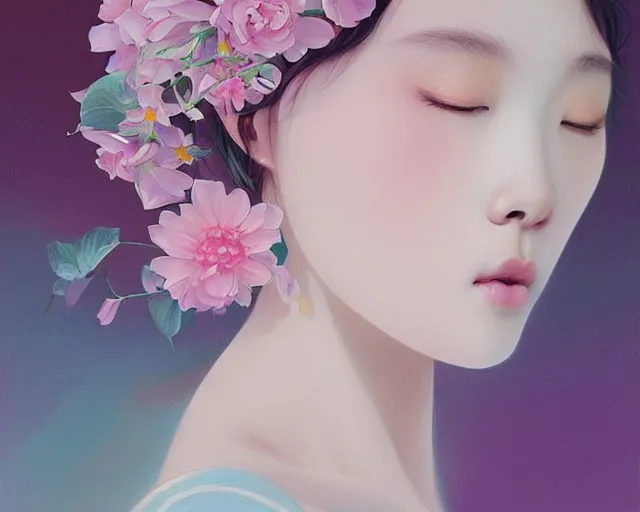 Image similar to highly detailed pastel colors of an ethereal asian beauty morphing gradually into flowers, by artgerm and hsiao - ron cheng, smooth composition, fine patterns and detail