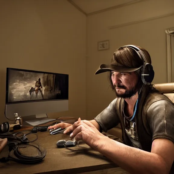 Prompt: john marston in his bedroom, playing pc games with gaming headphones on, photograph