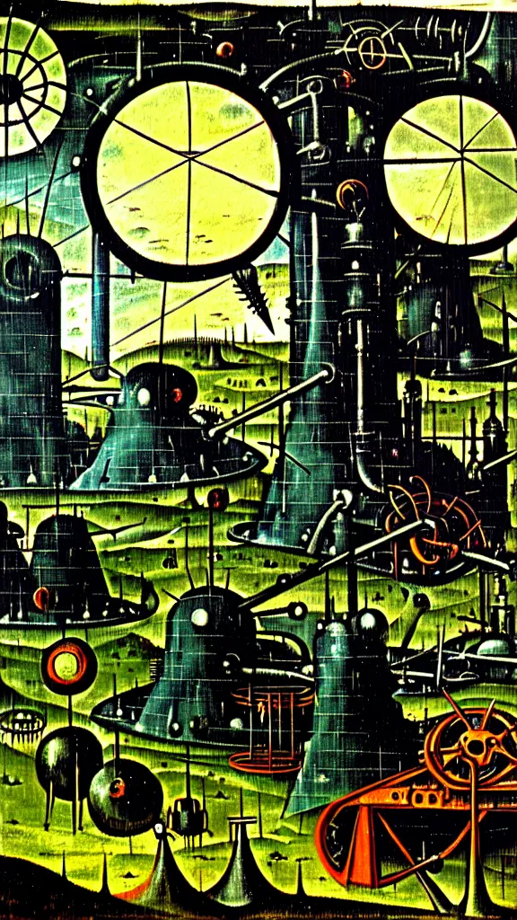 Prompt: a scifi illustration, dark and gothic Hieronymous Bosch machinery factory polluting the land and blocking the sun oil on canvas with mechanical frame