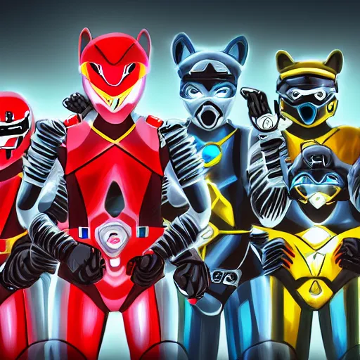 Prompt: a super sentai team of racoons wearing cybernetic ninja gear, hyperrealistic, digital art, cyberpunk, 4 k