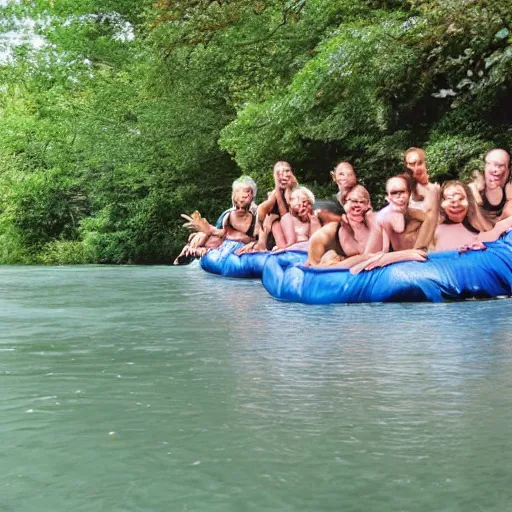 Prompt: a group of people floating down a river grooving out