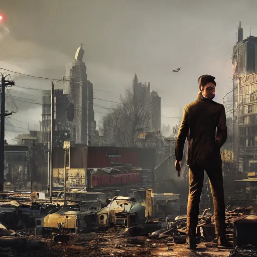 Image similar to fallout 4, charismatic david bowie, portrait, outdoors ruined cityscape, atmospheric lighting, painted, intricate, volumetric lighting, beautiful, daytime, sunny weather, slight overcast, sharp focus, deep colours, ultra detailed, by leesha hannigan, ross tran, thierry doizon, kai carpenter, ignacio fernandez rios