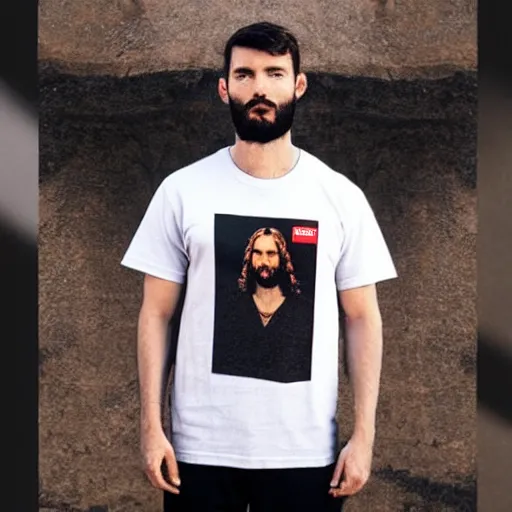 Image similar to a photo of a supreme t - shirt with an image of jesus on it, 4 k, highly detailed