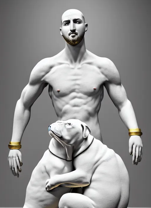 Image similar to a statue made of white marble with gold veins, of klay thompson petting a bulldog, full body shot, perfect symmetrical body, perfect symmetrical face, hyper realistic, hyper detailed, by johannen voss, by peter kemp, by monia merlo, by michelangelo, octane render, blender, 8 k