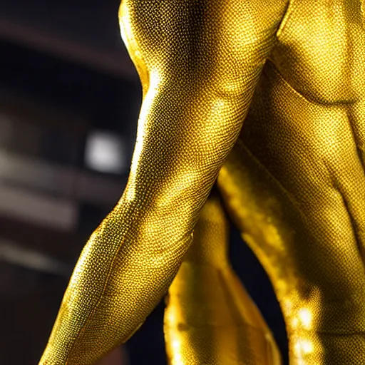 Prompt: gold spider - man suit with black web lining, cinematic, volumetric lighting, realistic, hyperdetailed, photorealistic, photograph